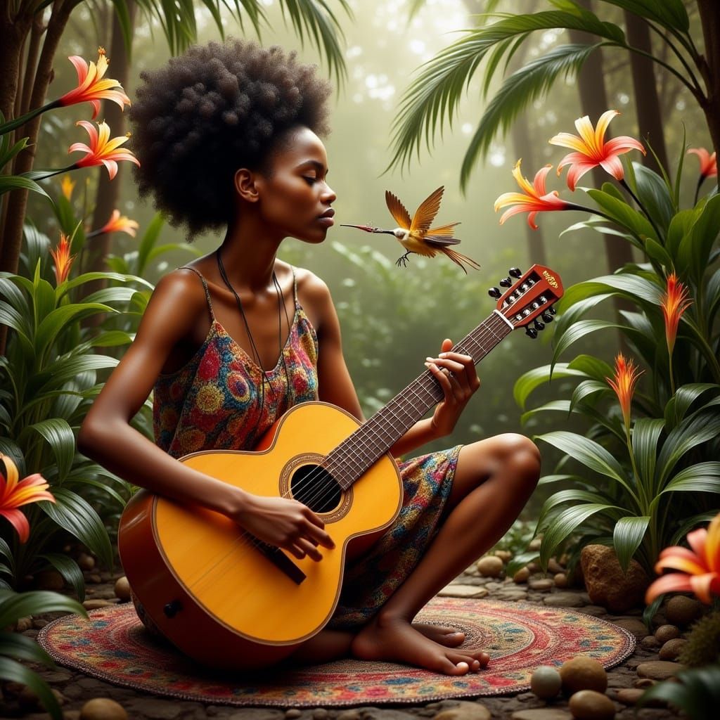 Youthful Woman Plays Traditional Instrument in Tropical Gard...