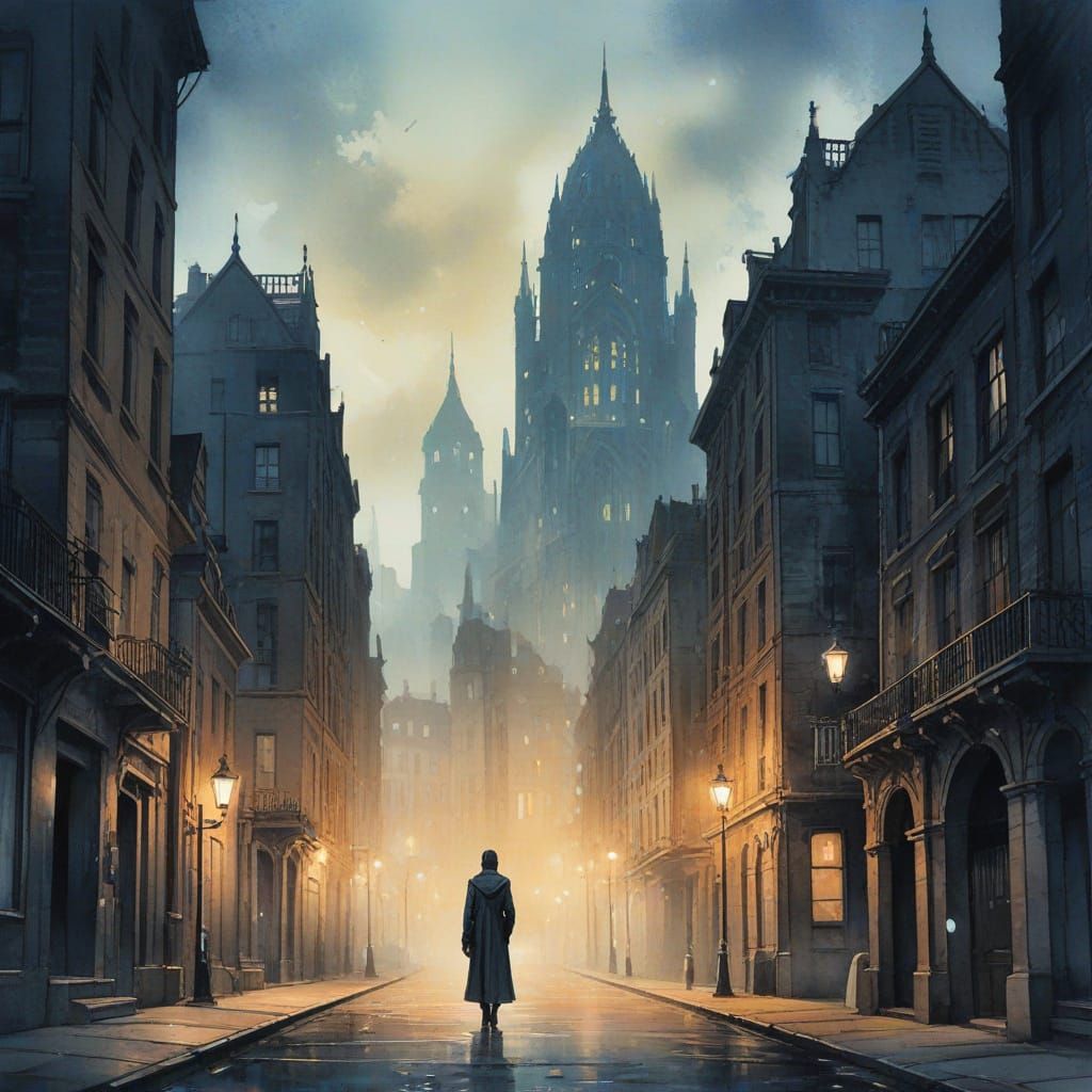 Gothic City Wanderer in Soft Golden Light