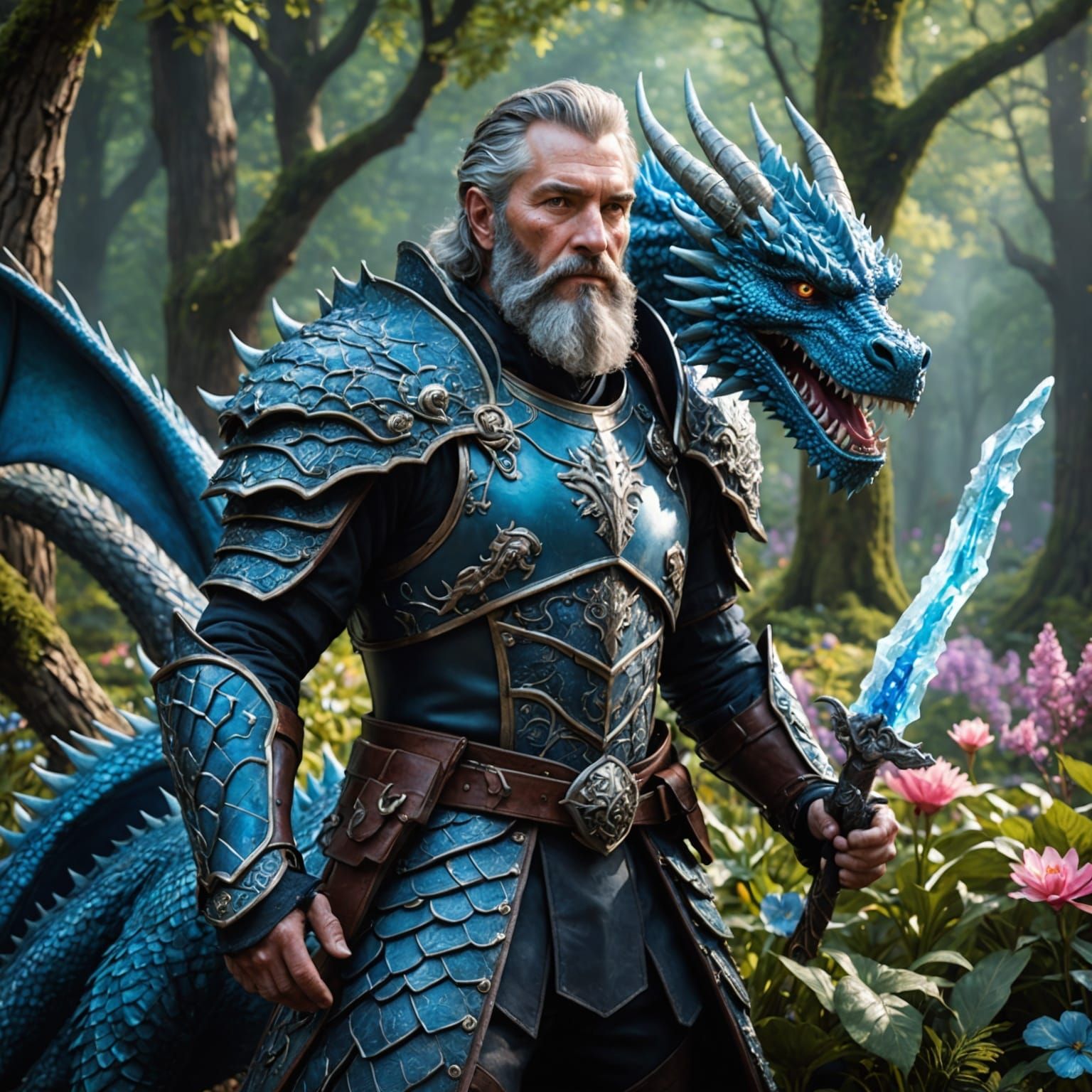 Man with Dragon in Enchanted Forest, Fantasy Art