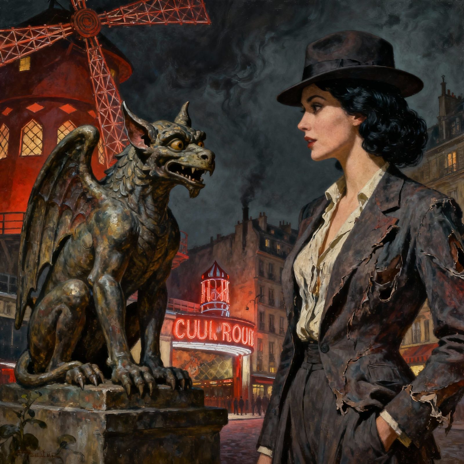 Surrealist Oil Painting: Woman Chats with Gargoyle