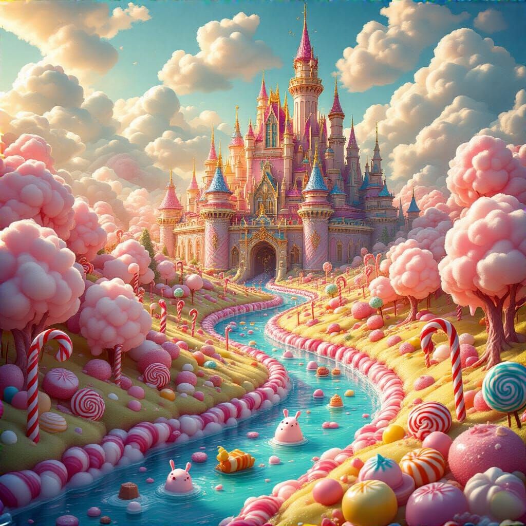 Fantastical Candy World Palace with Chocolate River