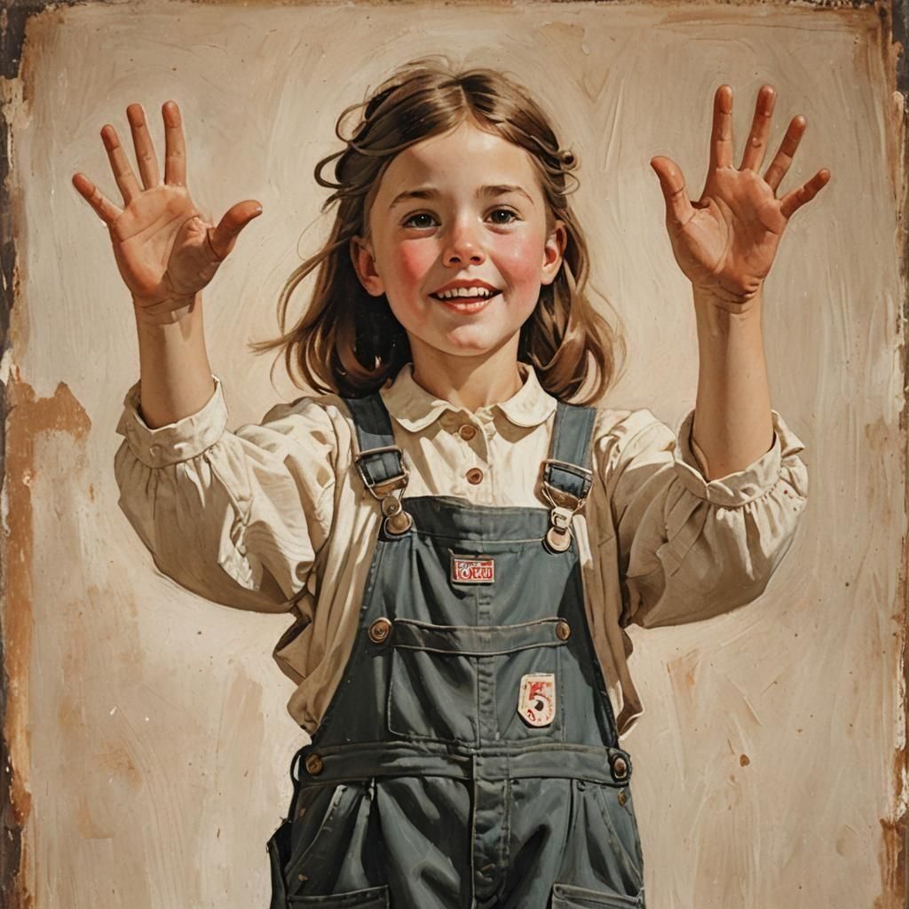 Girl in Overalls Holds Up Five Fingers