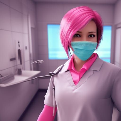 Pink-Haired Dentist in 3D Game Cinematic Style