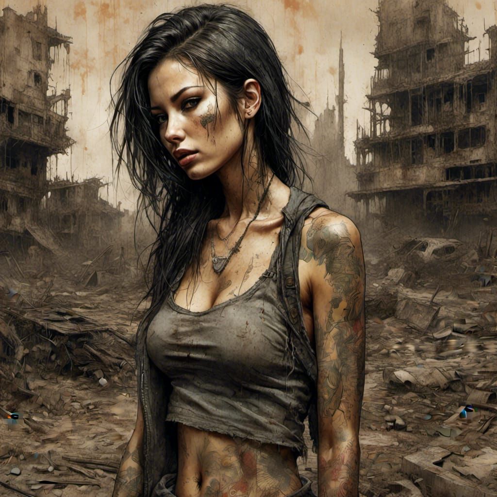 Wasteland Girl in Burned Environment, Grunge Style