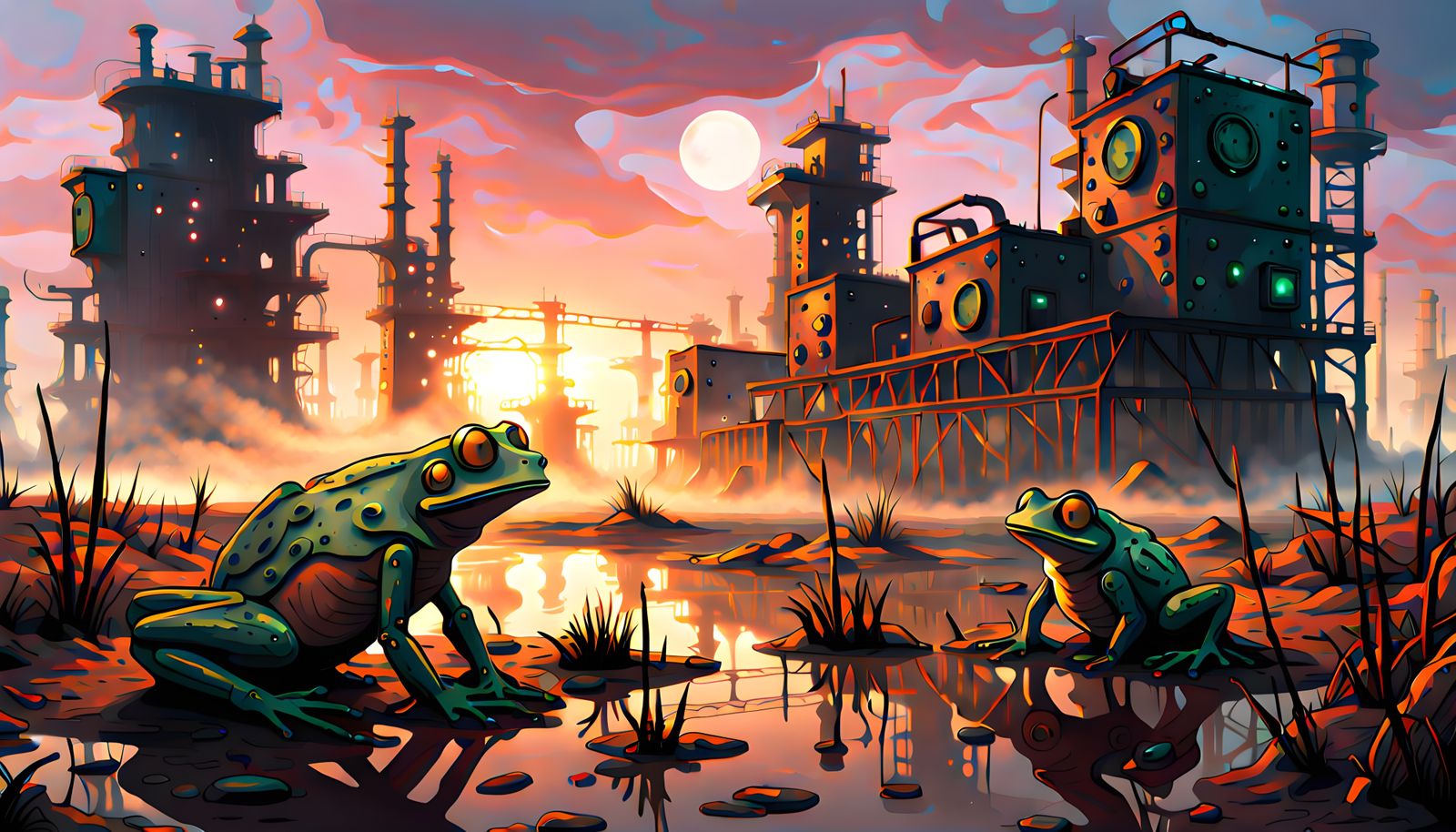 Steampunk Wasteland Frogs Amid Cyberpunk Ruins