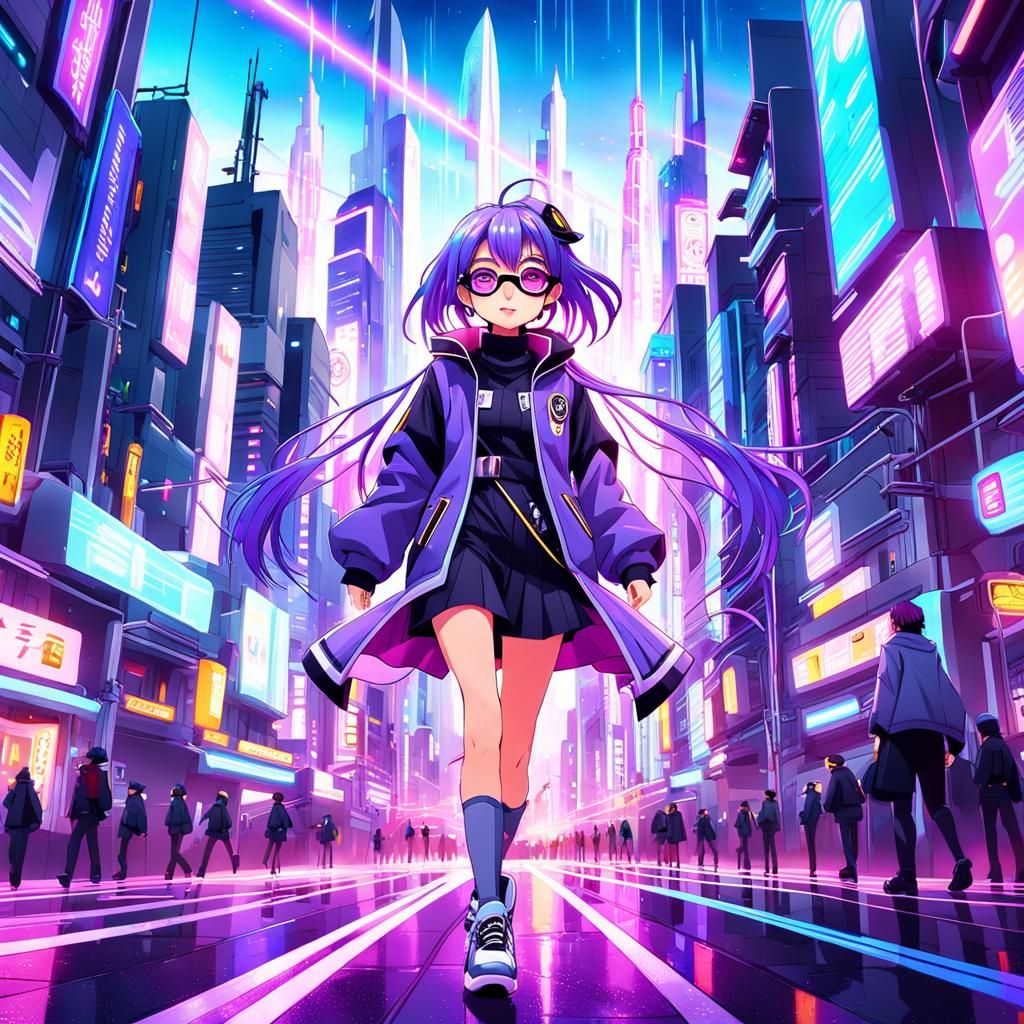 Anime Wizard in Futuristic Cityscape