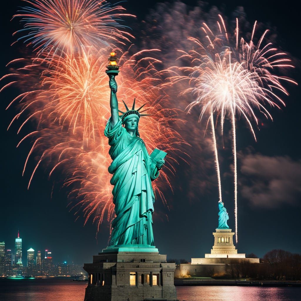 Statue of Liberty in Vibrant Fireworks Scene with Baby New Y...