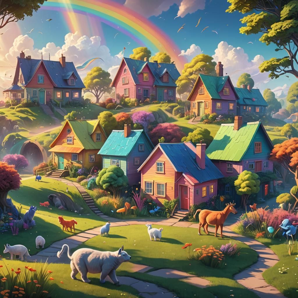 Rainbow House with Animals in Pastel Colors