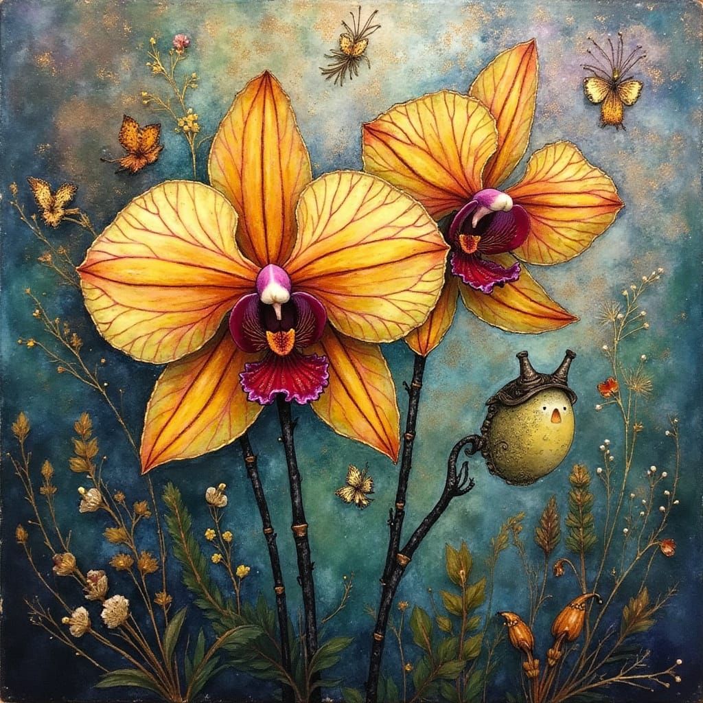 Orchids in Steampunk Kintsugi Landscape with Iridescent Shee...