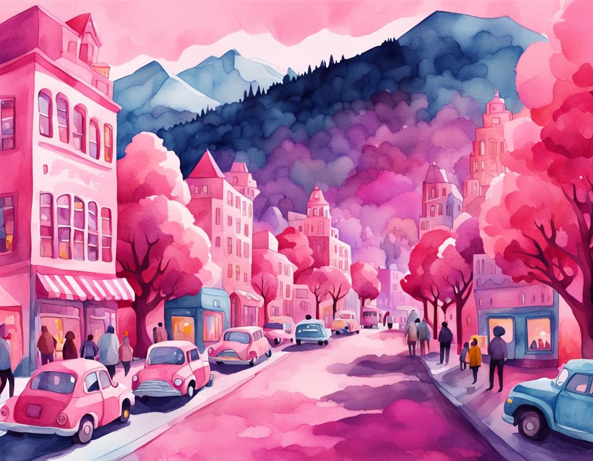 Pink Watercolor Toy City Illustration