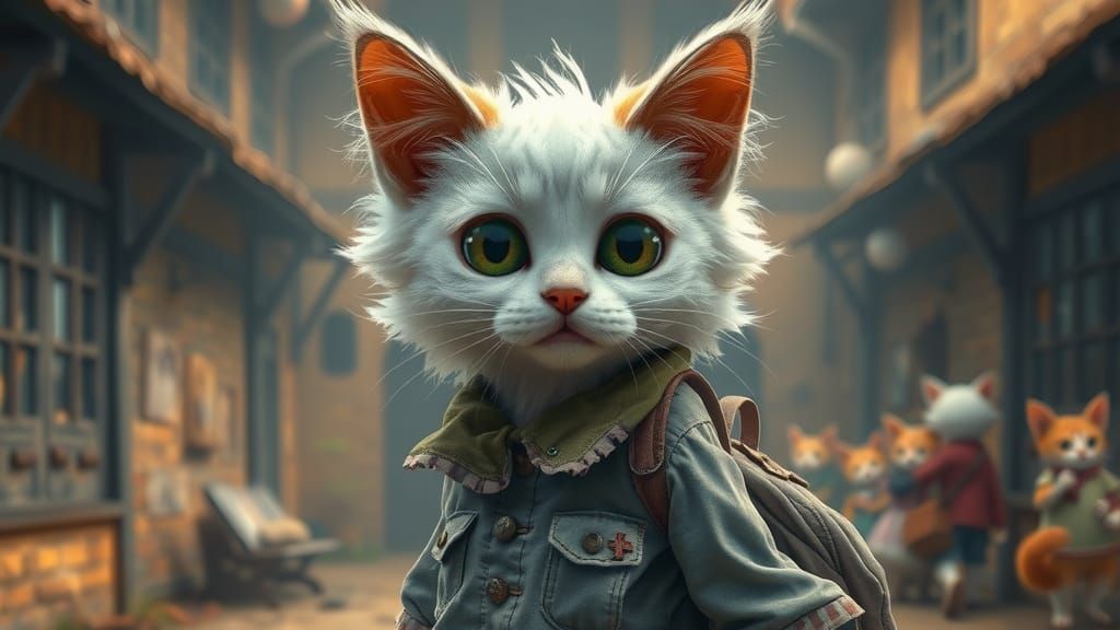 Whimsical Feline Schoolgirl in Distressed Attire