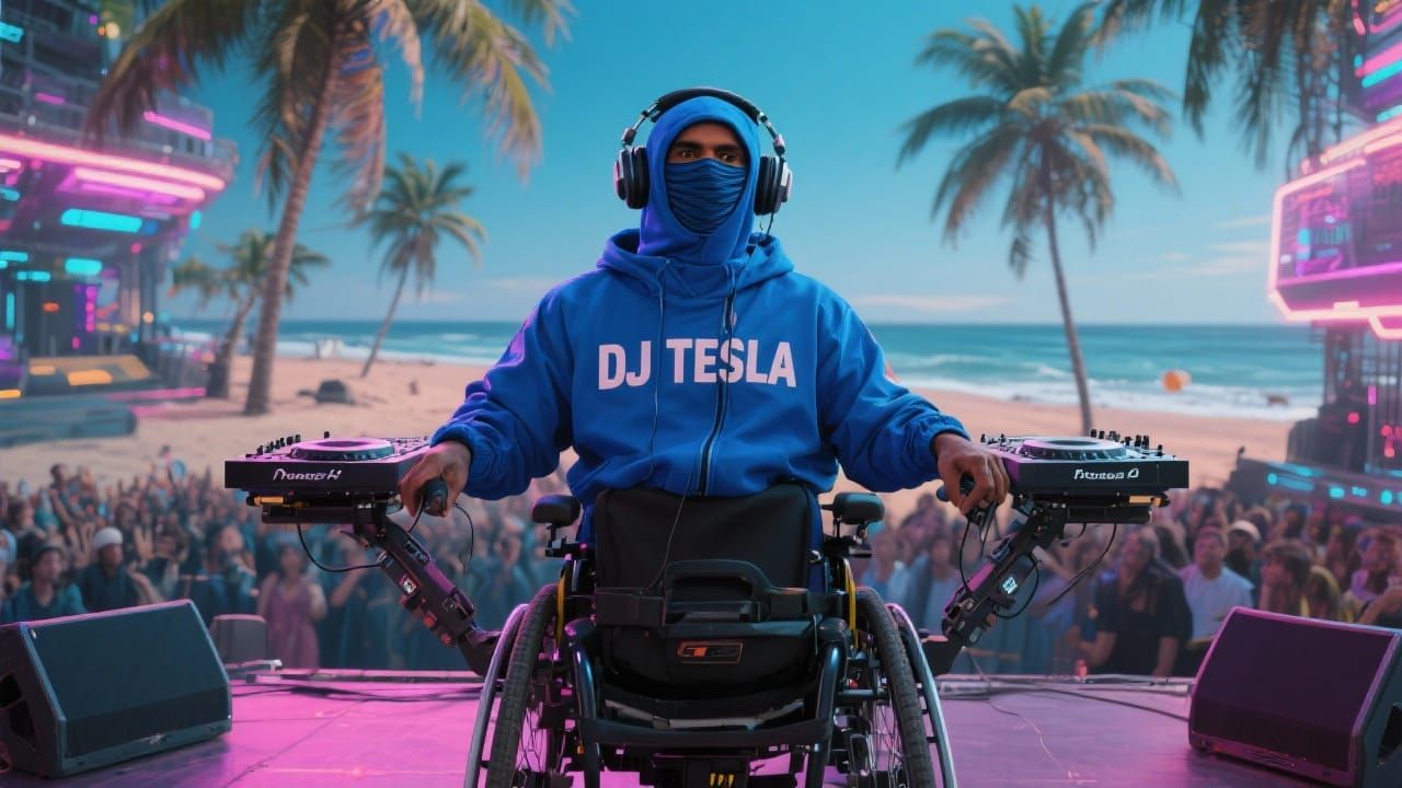 Futuristic DJ on Beach Stage in Neon Light