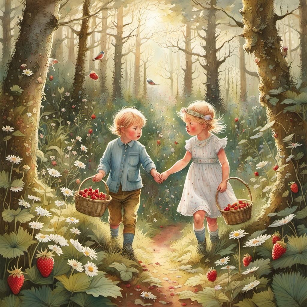 Toddler Siblings Picking Strawberries, Hyperrealistic Splash...