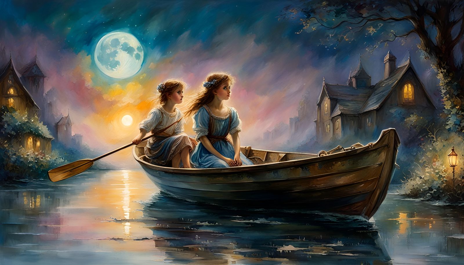 Moonlit Rowboat Folk Art Watercolor Painting