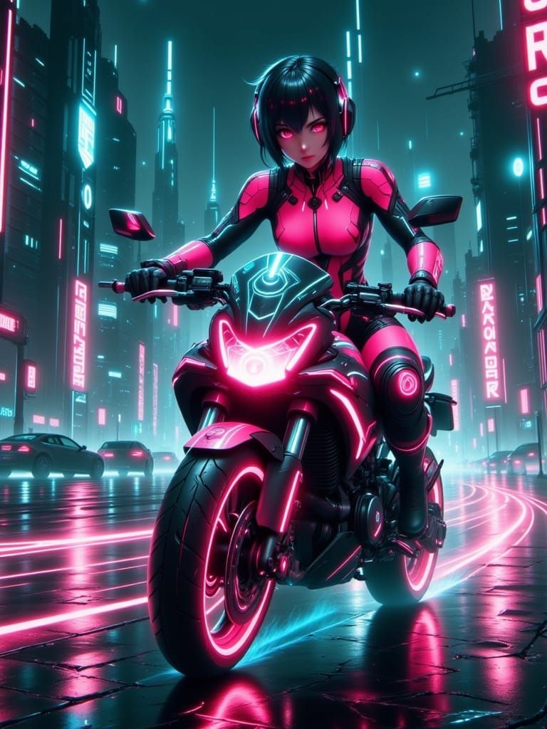 Short haired Motoko Kusinagi in pink and blue futuristic ste...