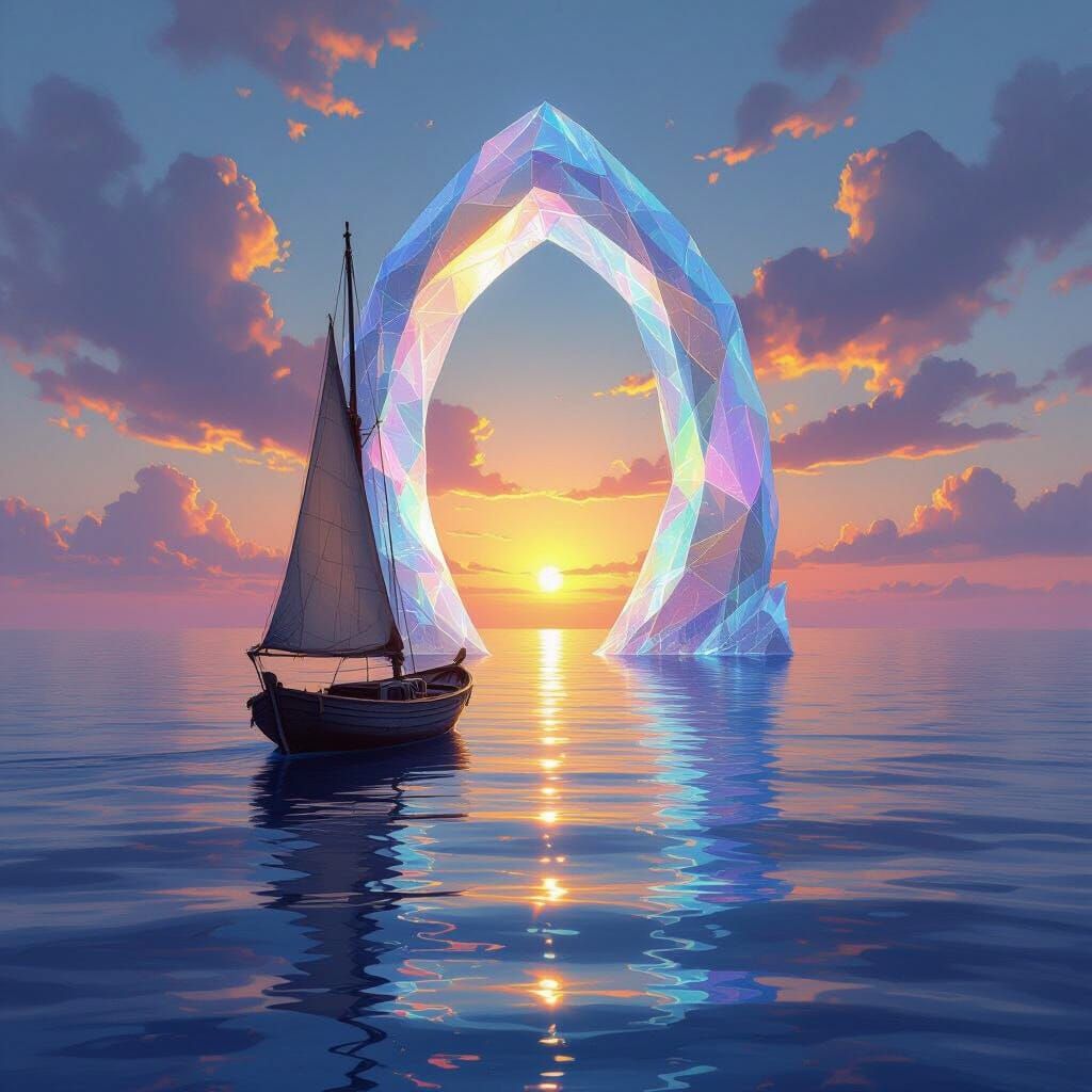 A lone, weathered sailboat drifts towards a colossal, crysta...