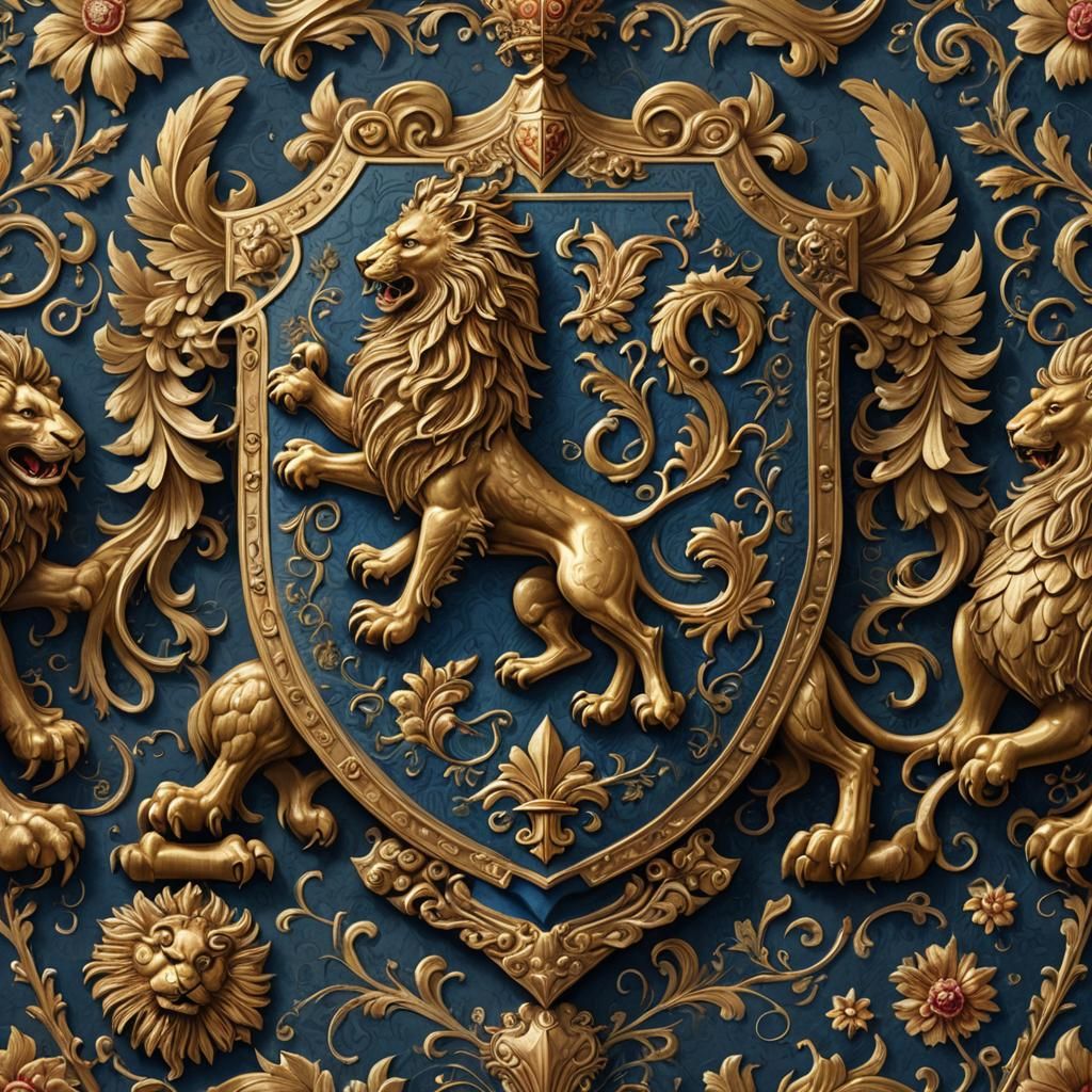 Ornate Heraldic Shield with Griffin and Lion