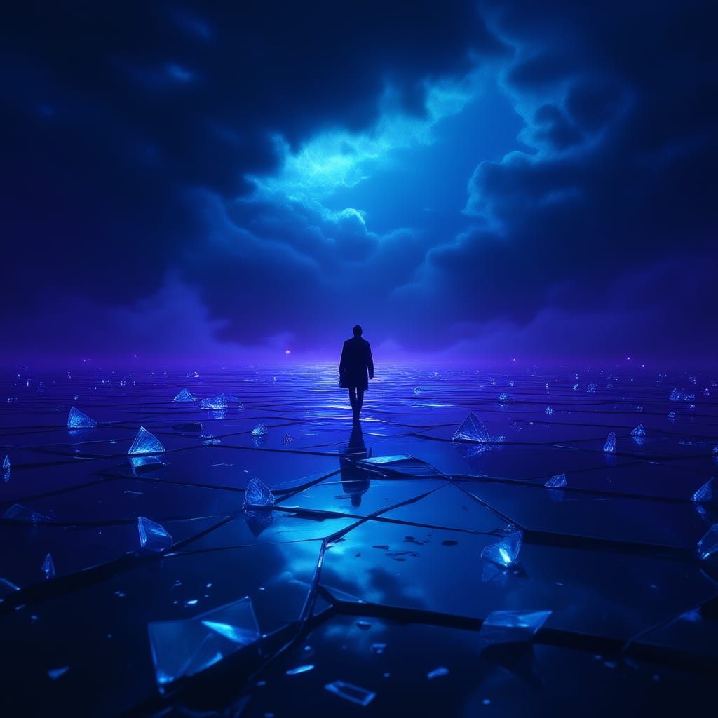 Lone Figure on Shattered Glass Ocean