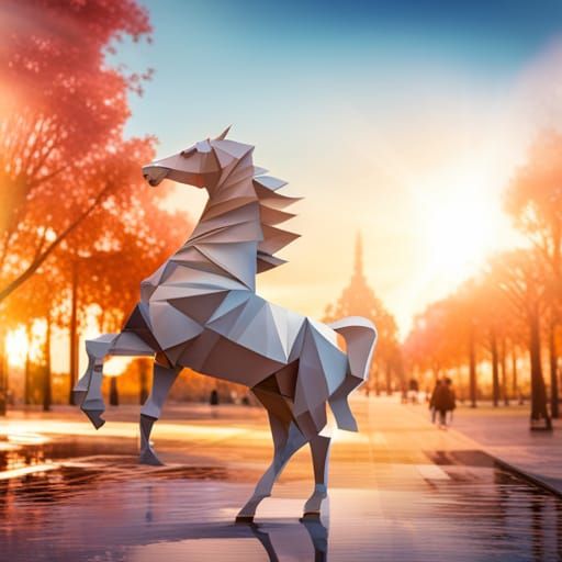 Magnificent Origami Horse Statue in City Park