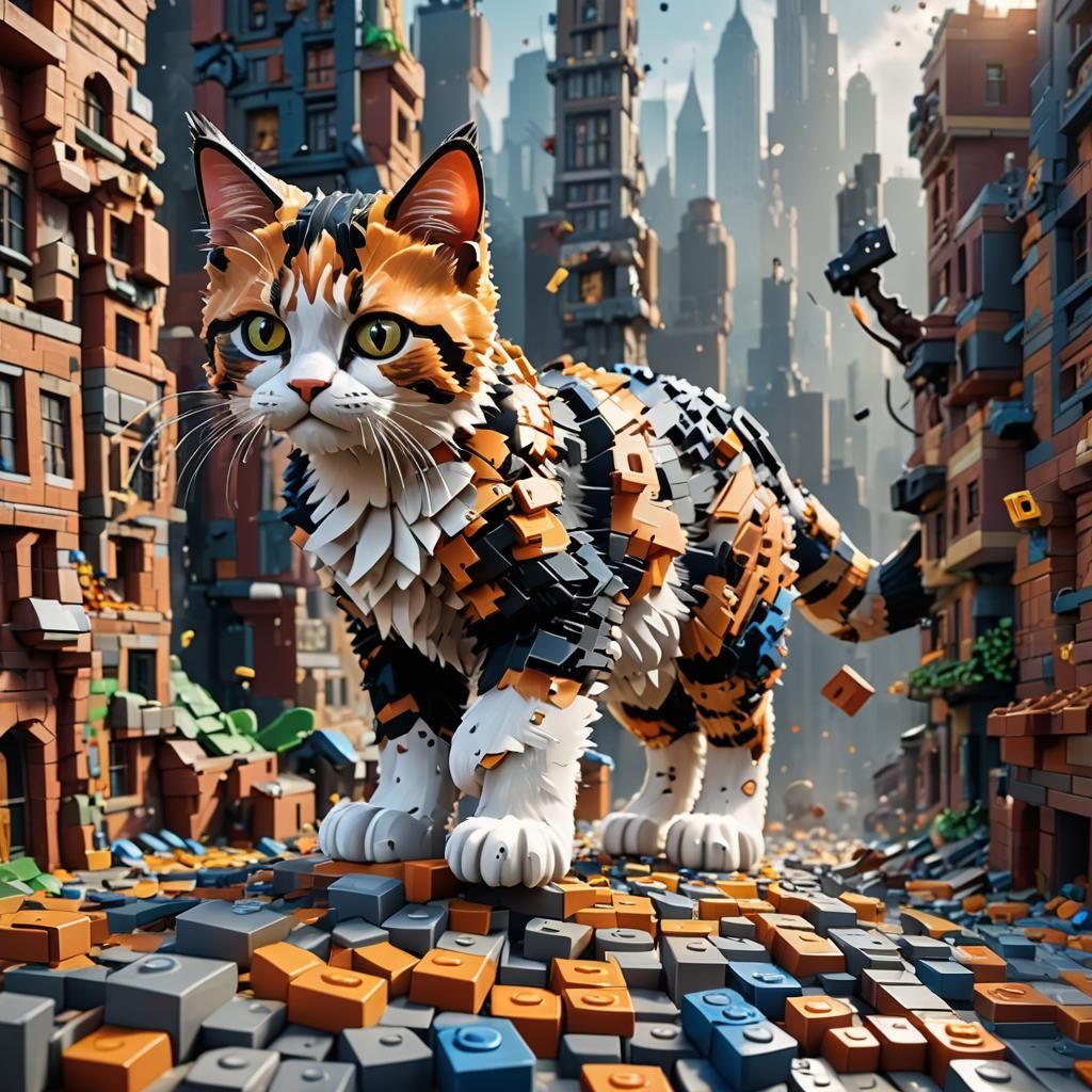 Cartoon Calico Kitten Towers Over Lego City