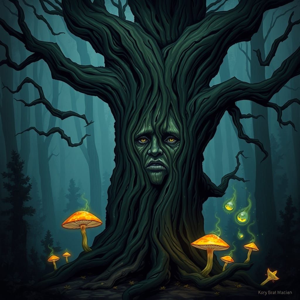 Sentient Ancient Tree Face in Mystical Forest