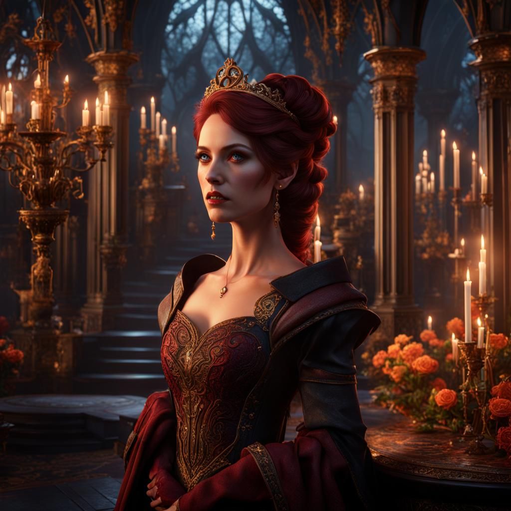 Elegant Red Queen in Vibrant Fantasy Realm