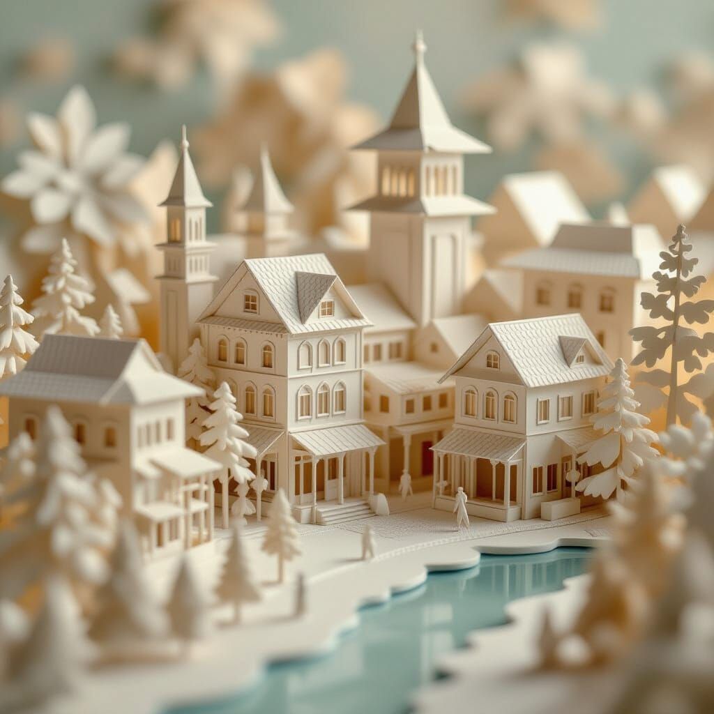 Intricate Paper Town with Origami Folds