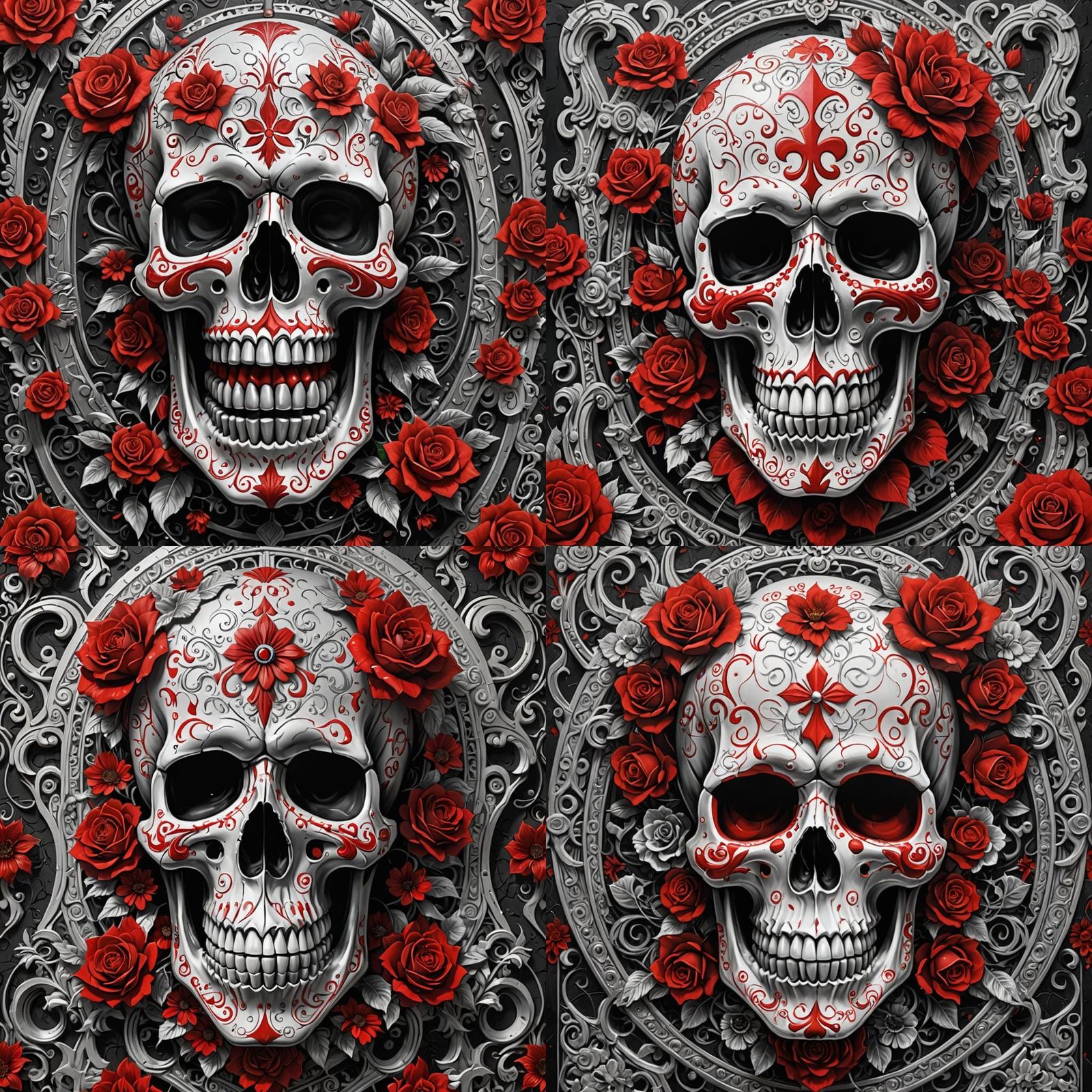 the skull, day of the dead art by linyu hong, in the style of dark white and red, graffiti art, realistic hyper-detail, ...