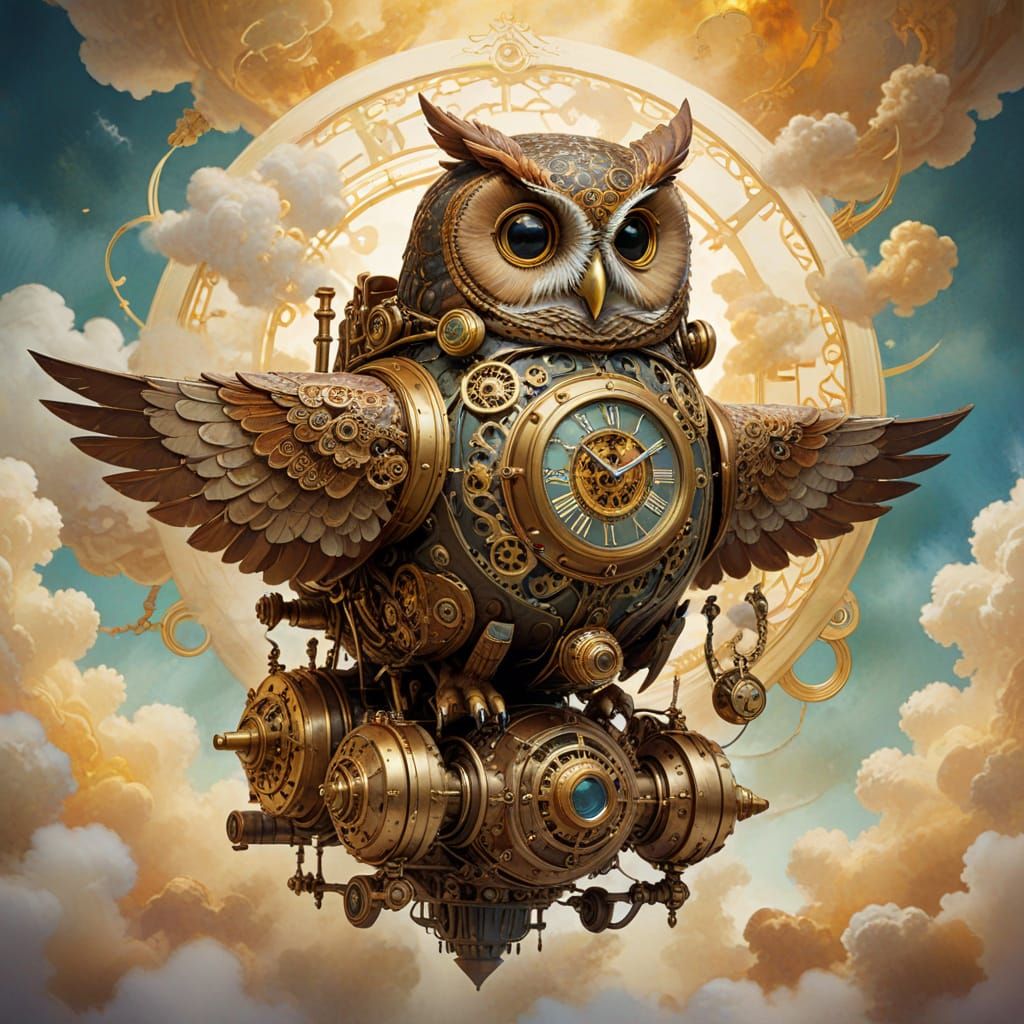 Steampunk Owl Captain Soaring Through Clockwork Sky
