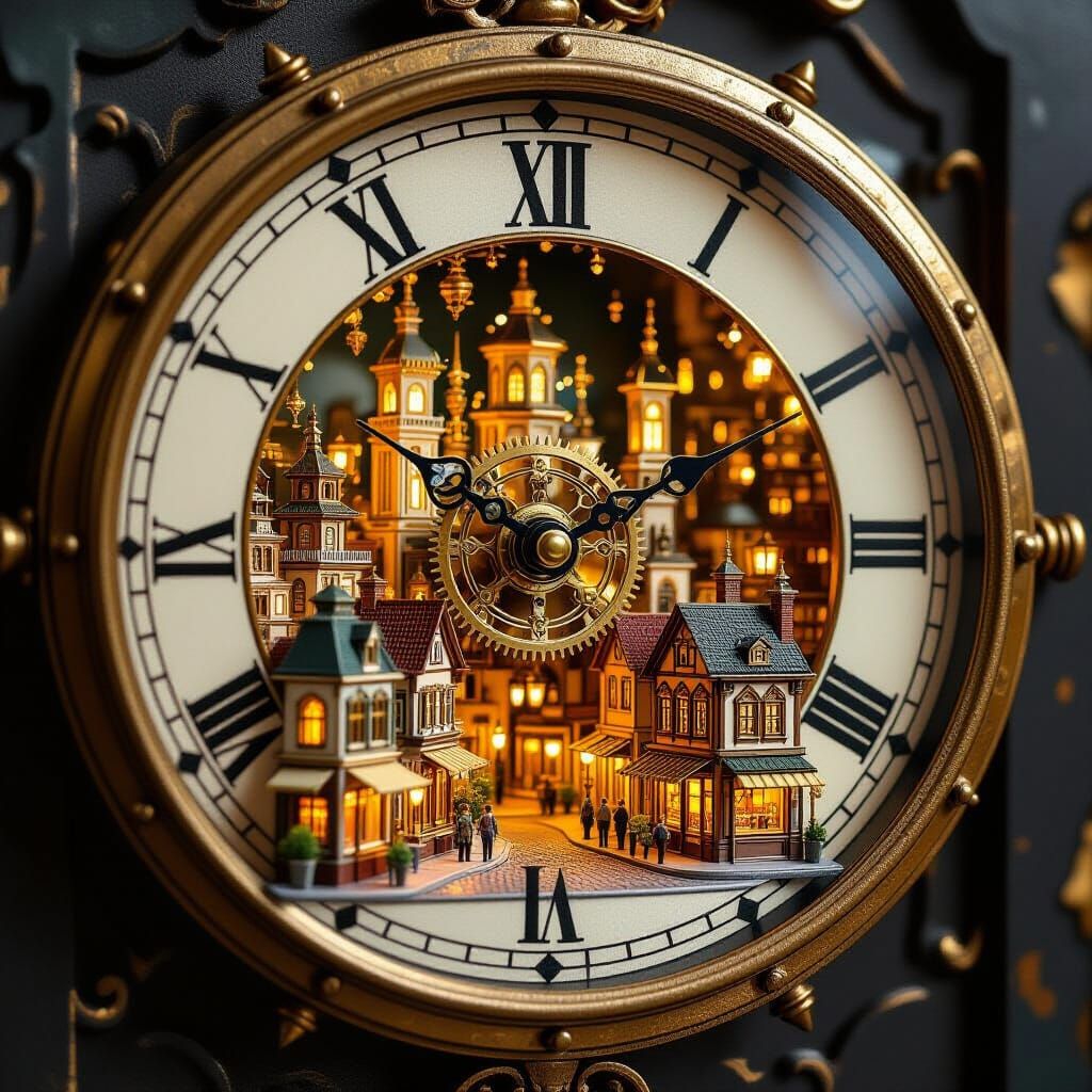 Miniature City Inside a Clock in Gurney Style