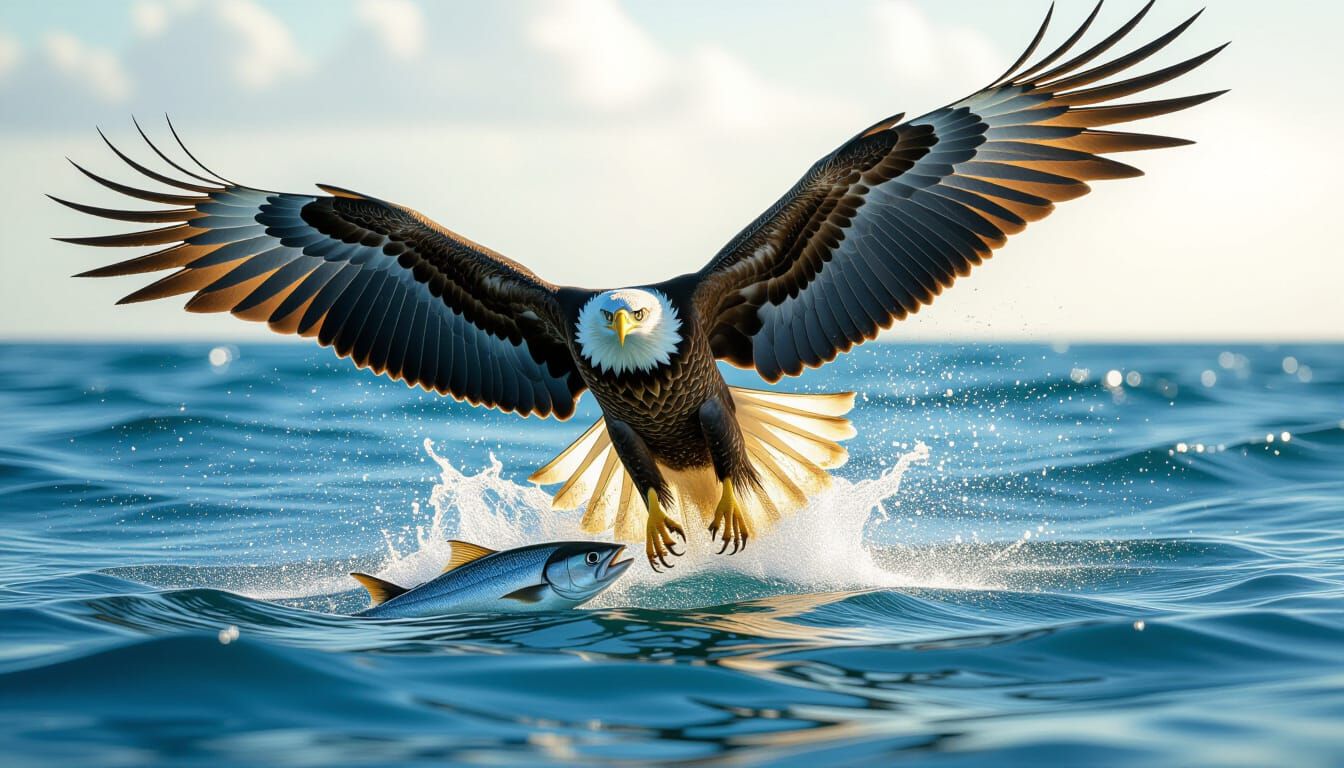 A powerful eagle diving down towards the ocean surface from ...