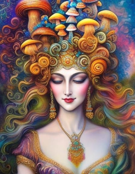 Mushroom Goddess Watercolor Painting in Art Nouveau Style