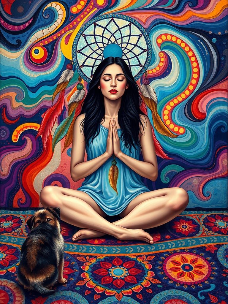 Meditative Woman Surrounded by Vibrant Woodlands-Inspired Pa...