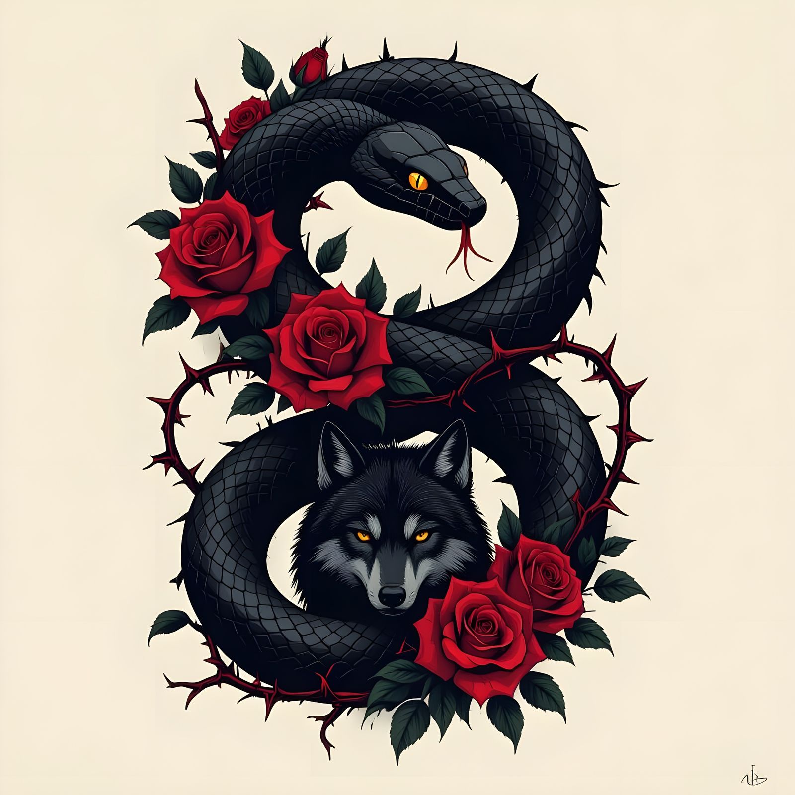 Mystical Black Snake and Red Roses Graphic Art