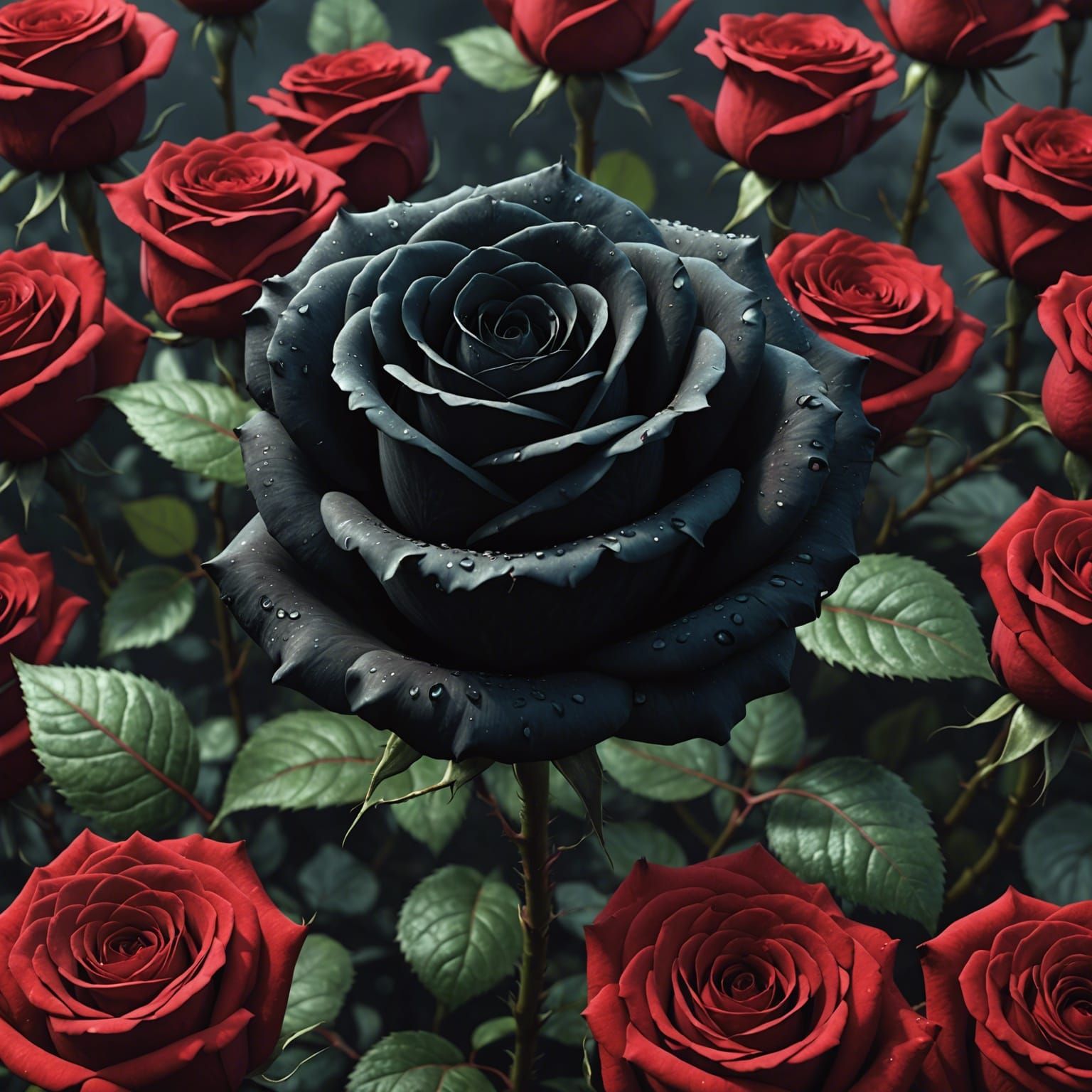 Black Rose Among Red Roses: Detailed Matte Painting
