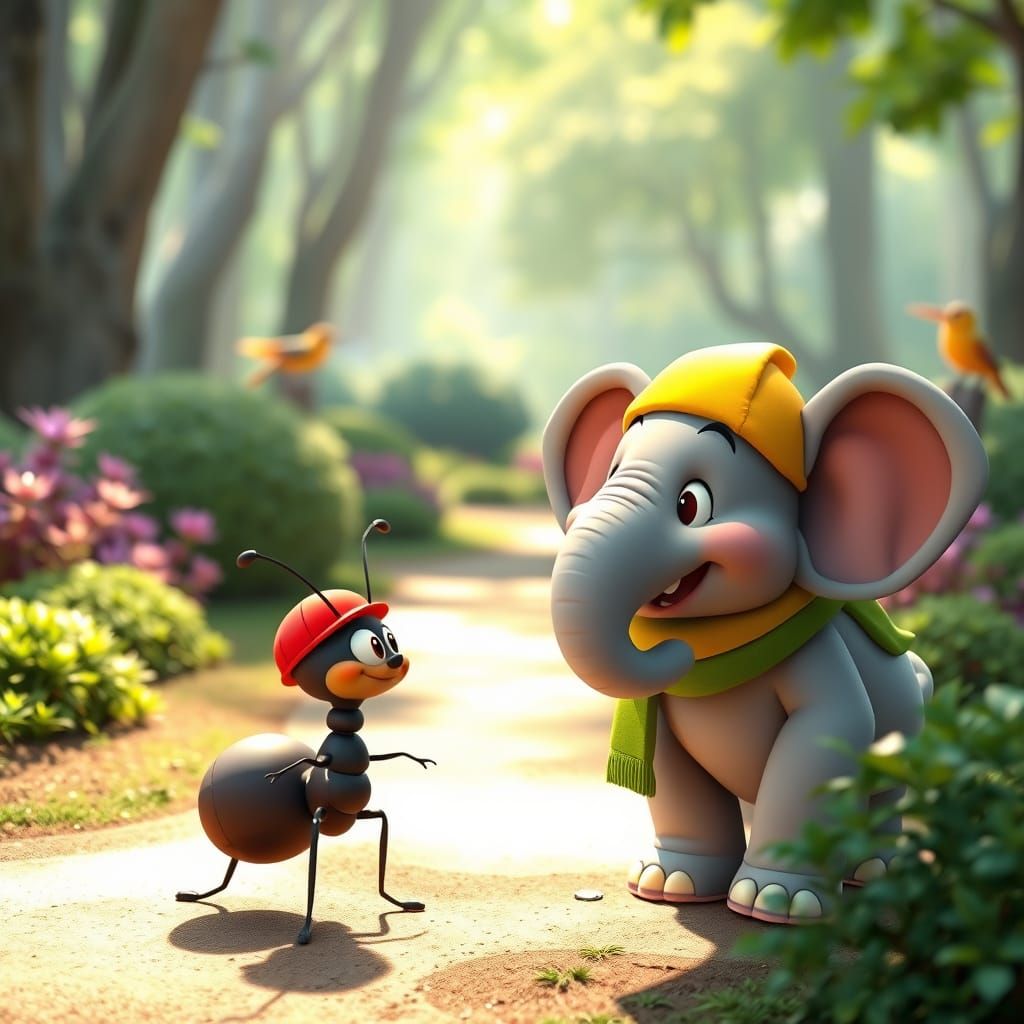 Cartoon Ant and Elephant in Sunny Garden