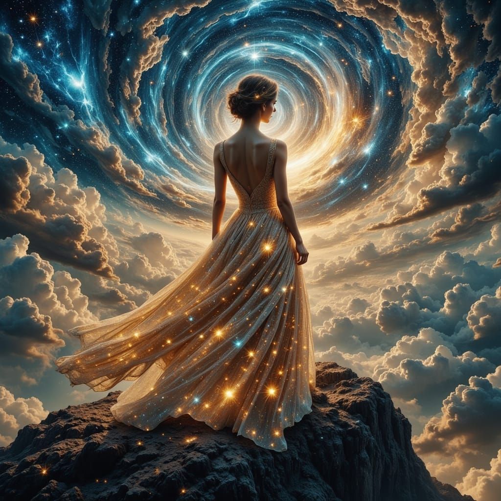 Celestial Goddess Gazing at Galaxy in Art Nouveau Style