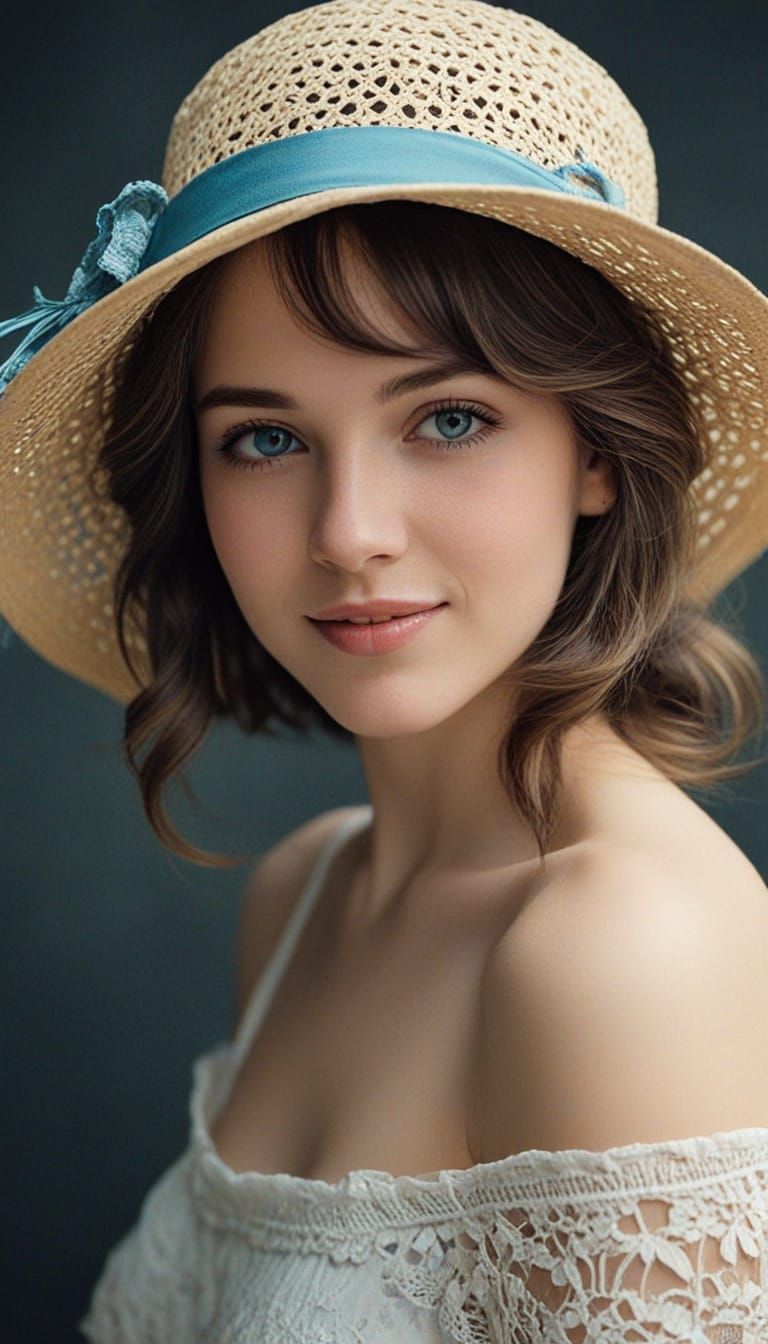 Vintage Cyan Portrait: Lady with Straw Hat