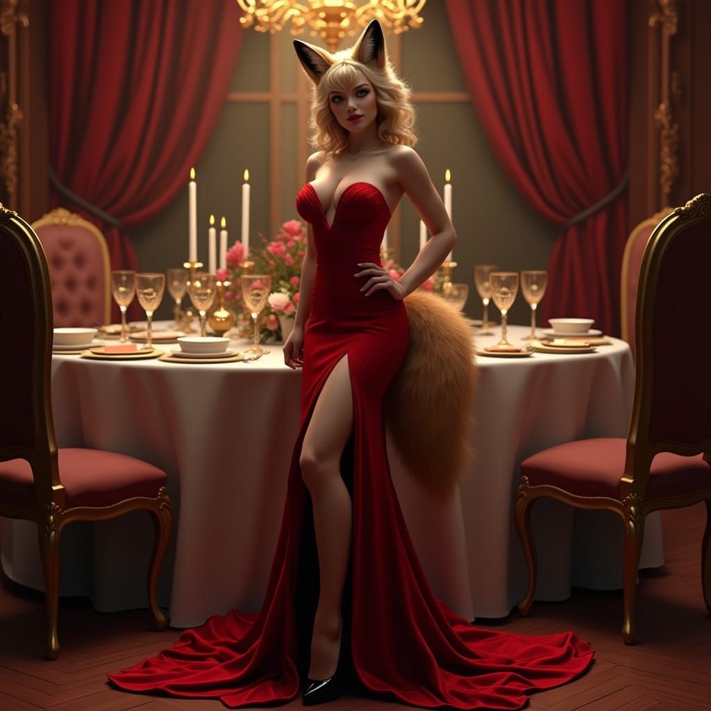 Elegantly Attired Fox Woman Enchants Dinner Party