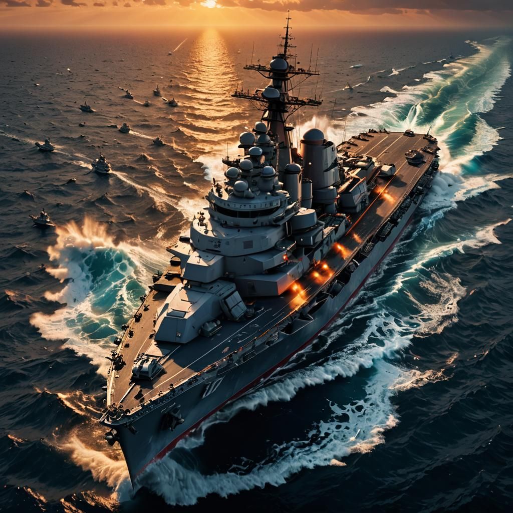 Battleship Guns at Sunset: Hyperrealistic Splash Art