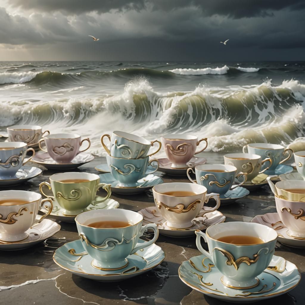 Teacups Soaring Over Stormy Ocean in Surreal Style