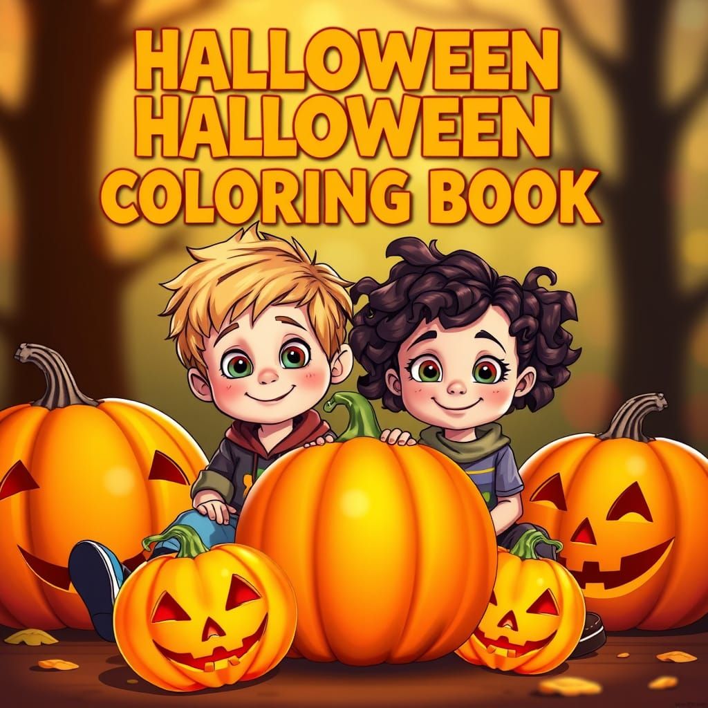 Cute Children and Pumpkins for Halloween Coloring Book