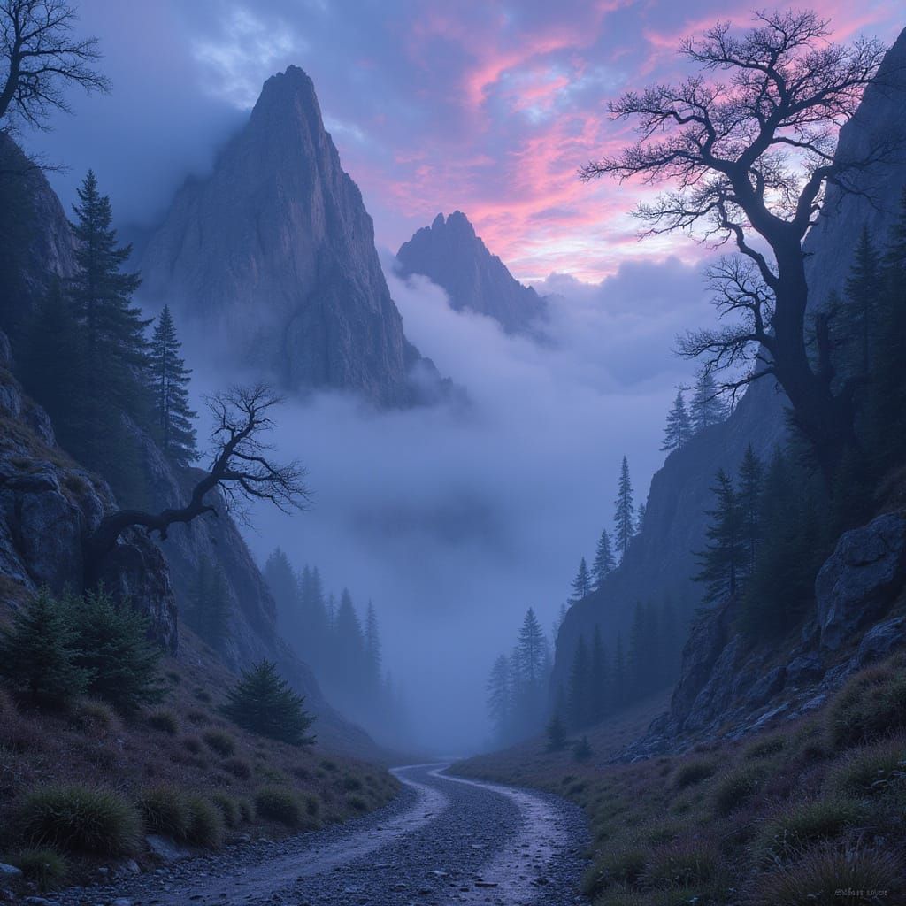 Mysterious Mountain Pass in Ethereal Fantasy Landscape