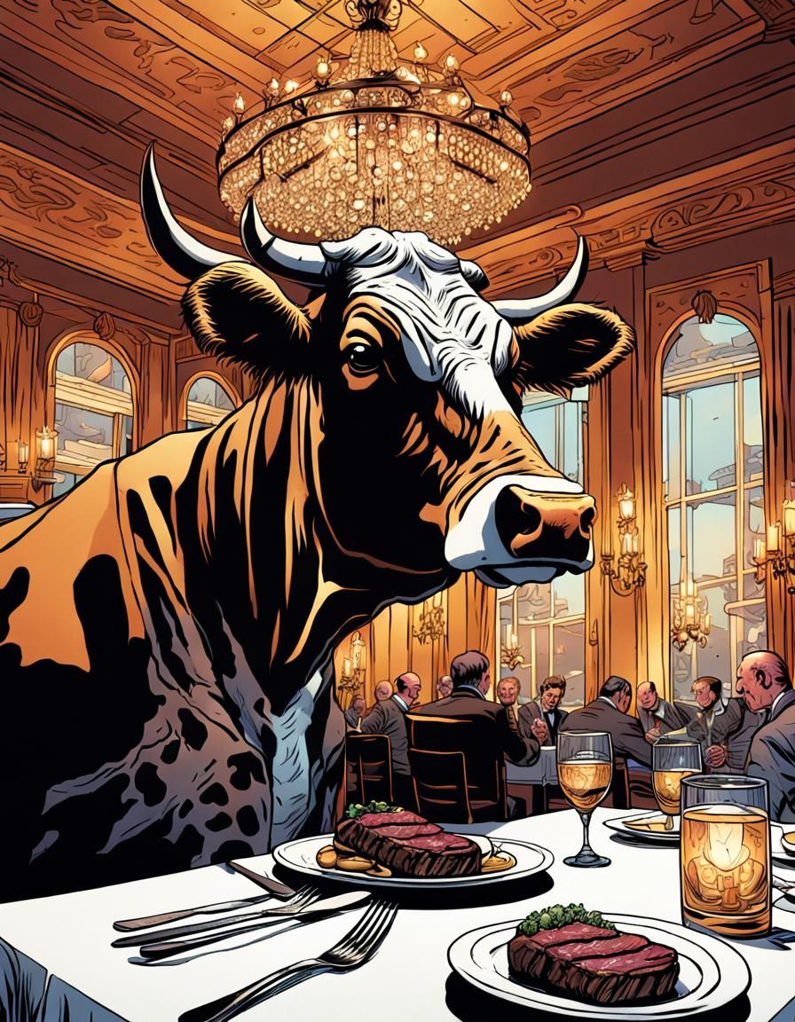 Cow Eating Steak in Restaurant, Comic Book Art