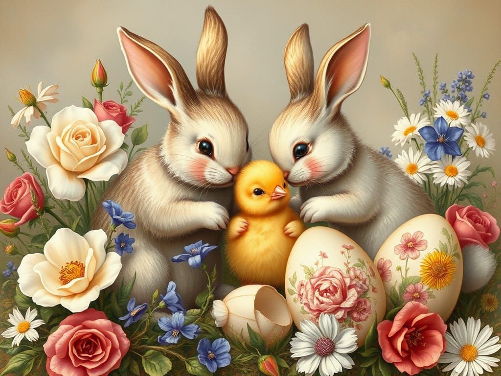 Whimsical Bunnies and Chick Play in Vintage Style