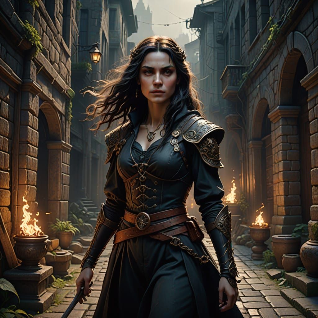 Cyberpunk Vampire Hunter, Ancient Mystic, Dimly Lit Alleyway