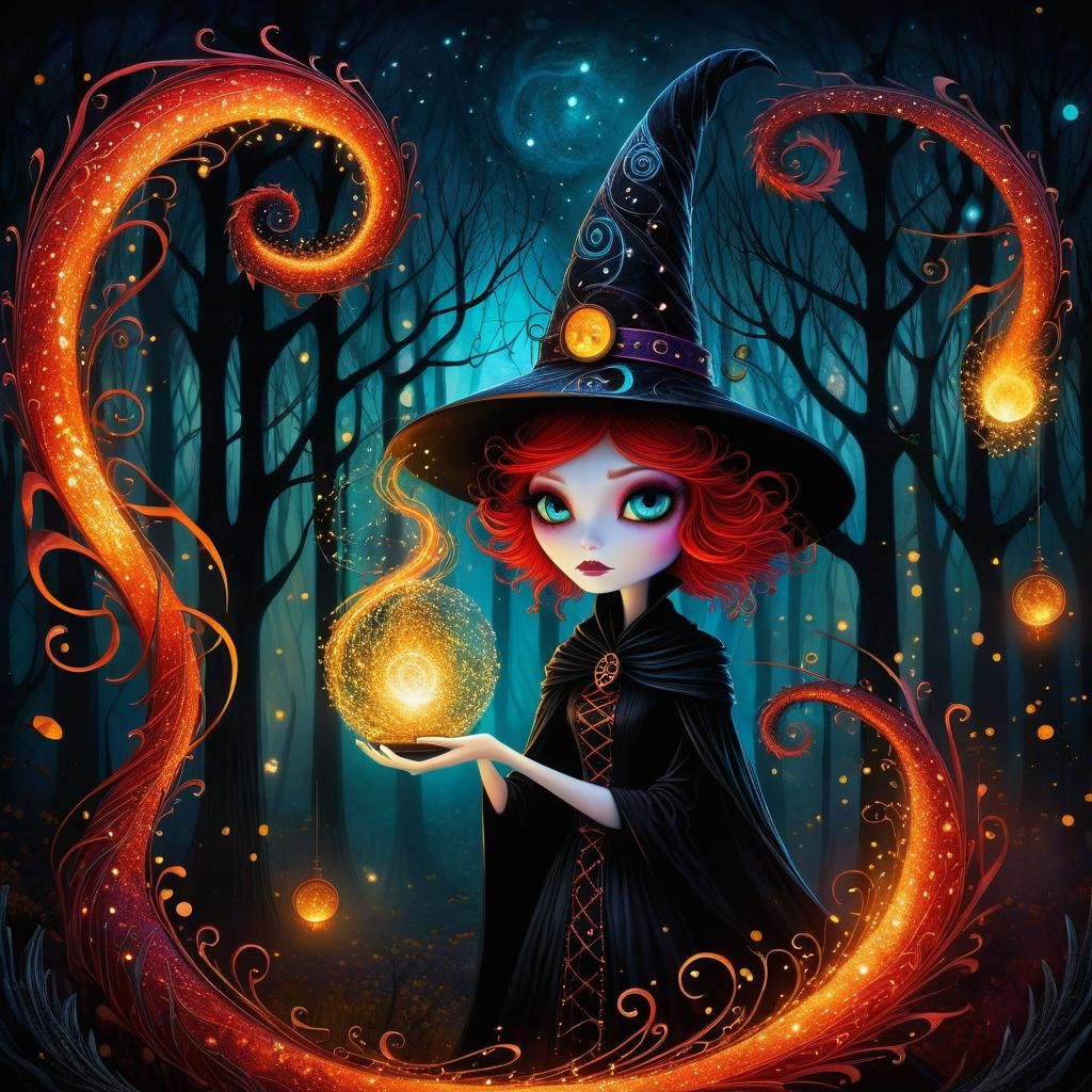 Gothic-Punk Witch Casting Magic with Dragons