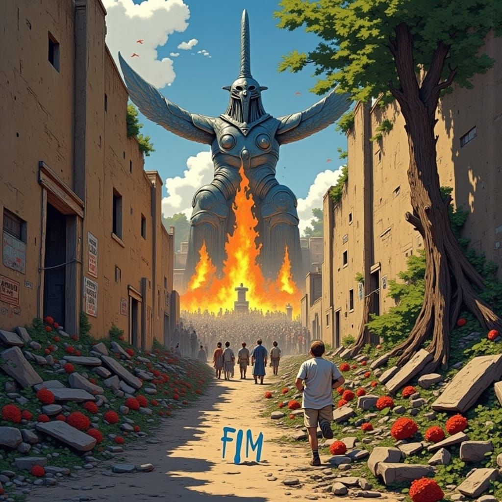 Post-Apocalyptic Future City Triptych with Cult Tower Burnin...