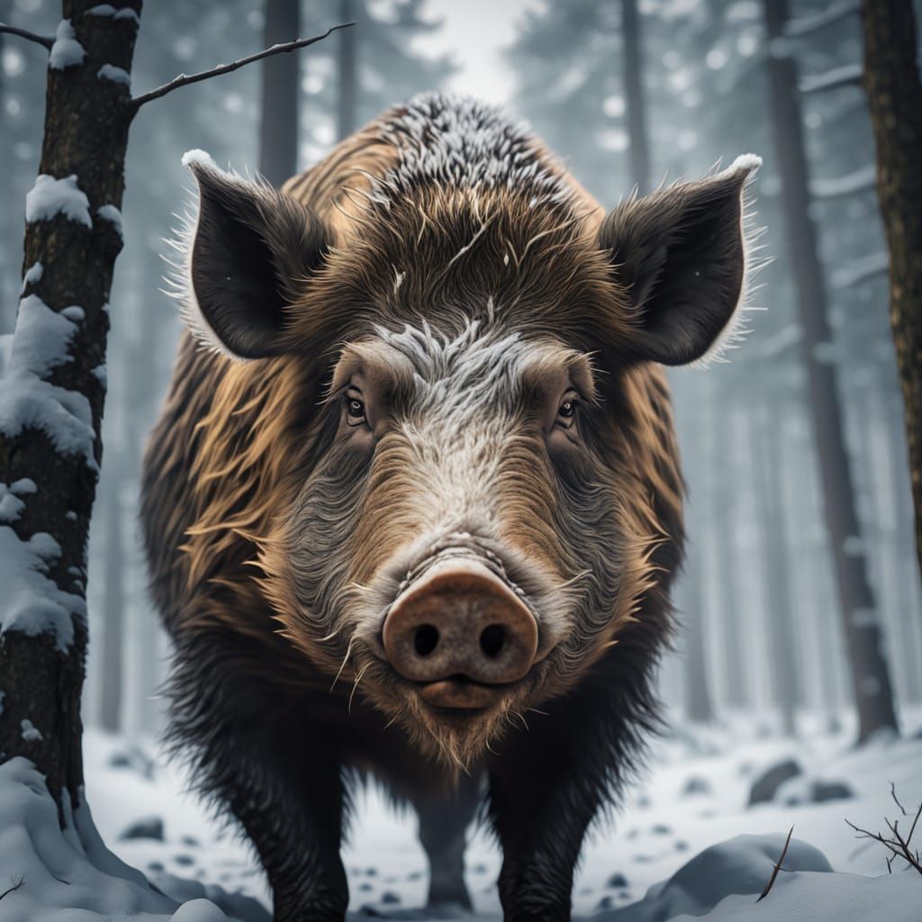 Majestic Wild Boar Rules Frosty Forest Landscape