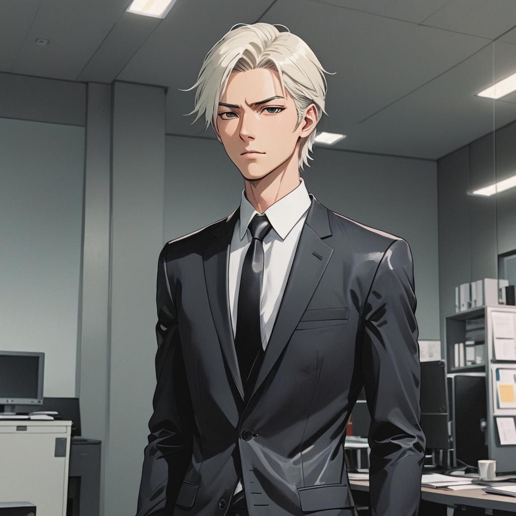 Anime-Style Young Man in Office, Cel-Shaded Art
